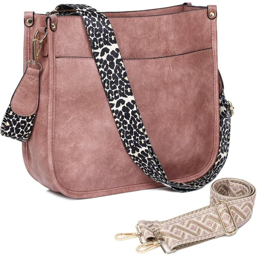 Women’s Pink Leather Purse Zipped Pockets Crossbody Bag and Shoulder Bag